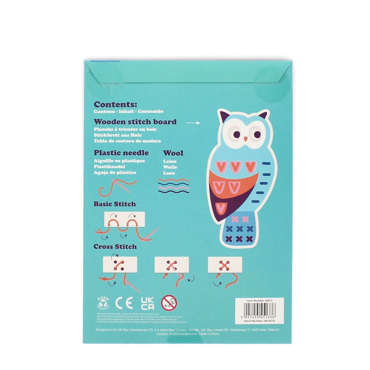 back view of Learn to Sew Owl kit packaging with illustrated instructions 
