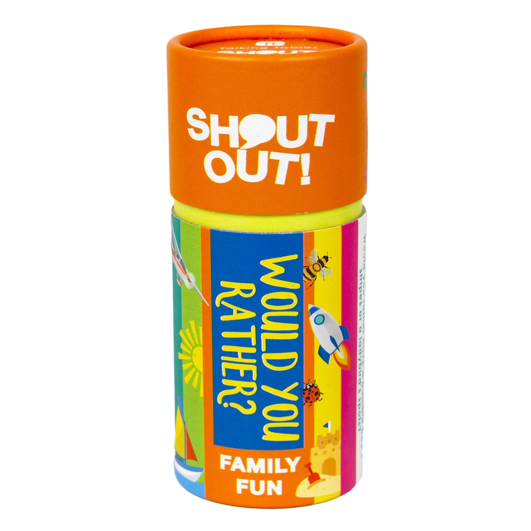 Shout Out! Would You Rather? Family Fun game container on a white background