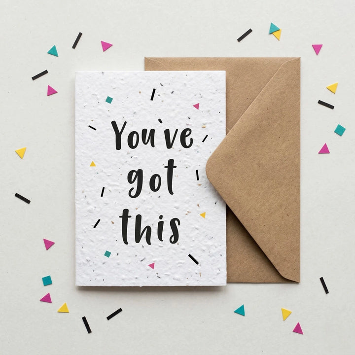 Greeting card with 'You've got this' text and a brown envelope on a light background with colorful confetti.