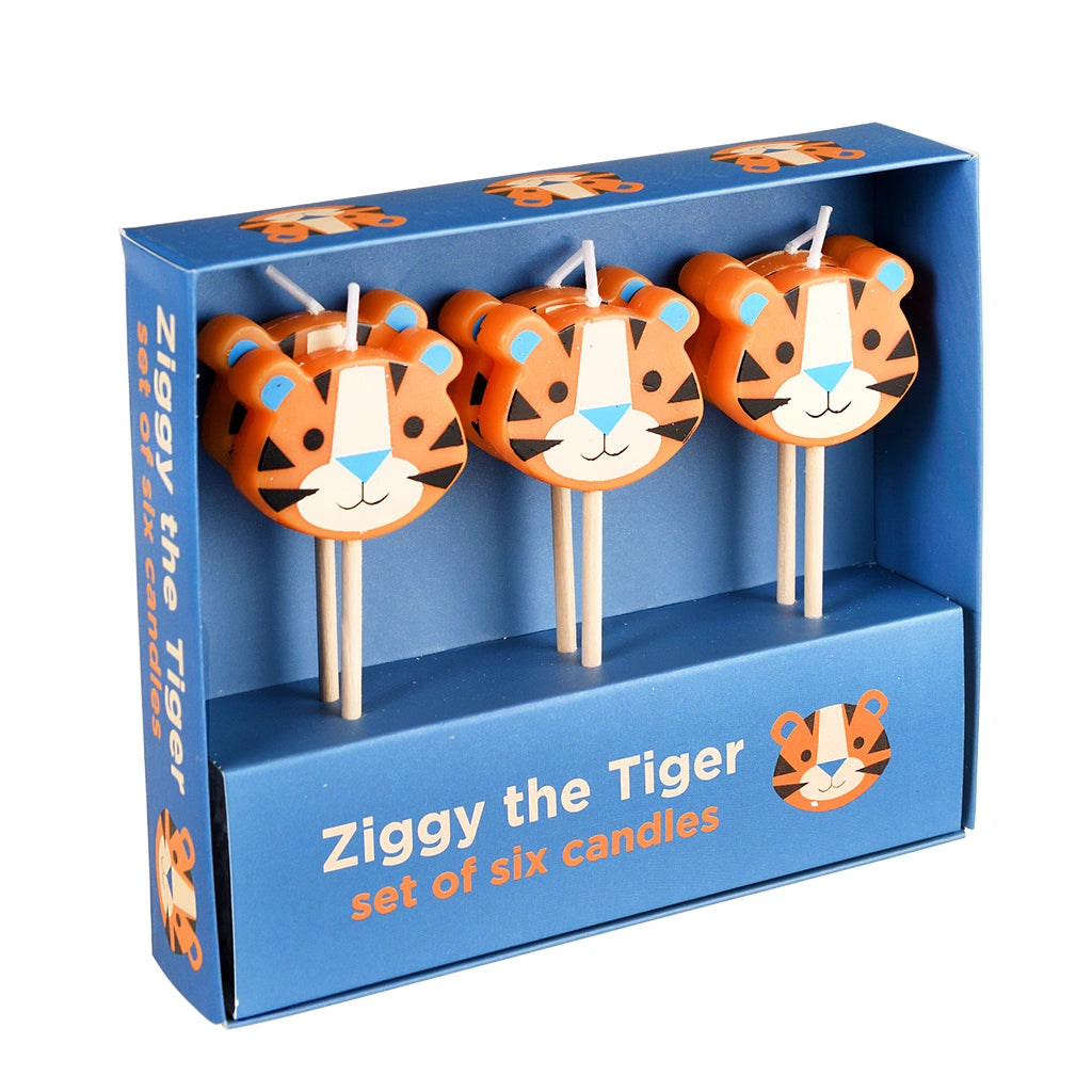 Ziggy the Tiger, tiger shaped party candles for celebration cakes. Set of six in a blue box. 