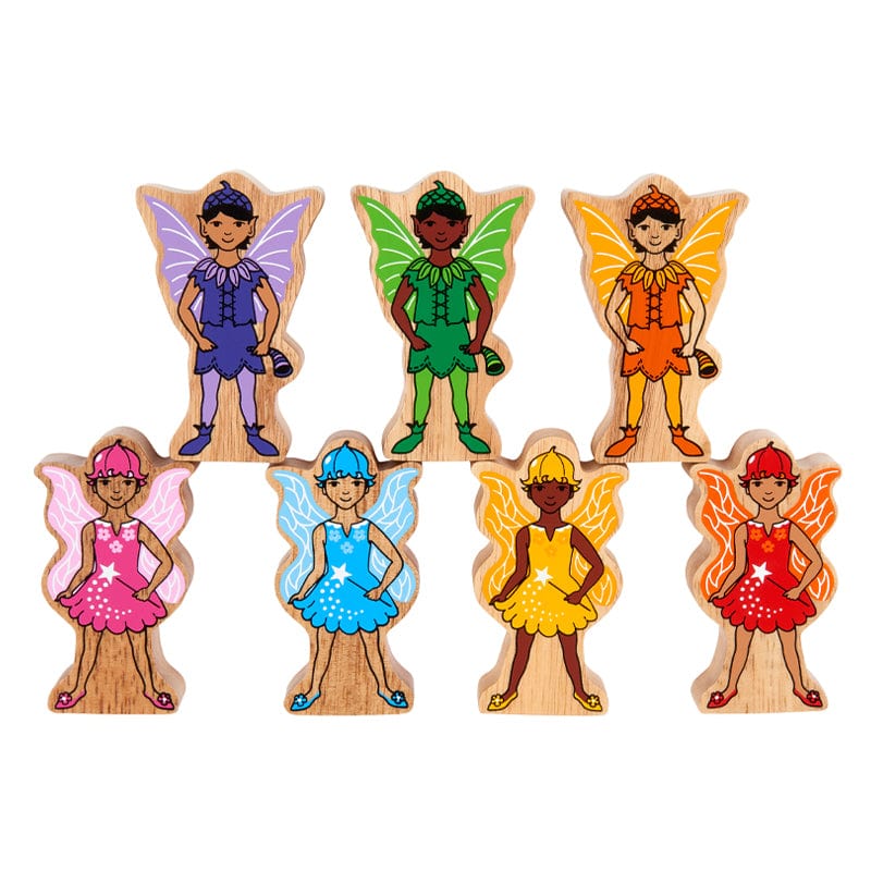 A collection of colourful wooden fairy figures arranged in two rows, each with different outfits and skin tones.