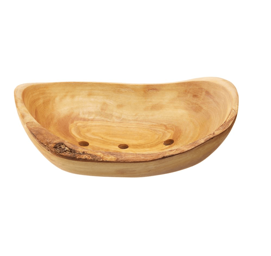 rustic hand carved Olive Wood Soap Dish with three draining holes