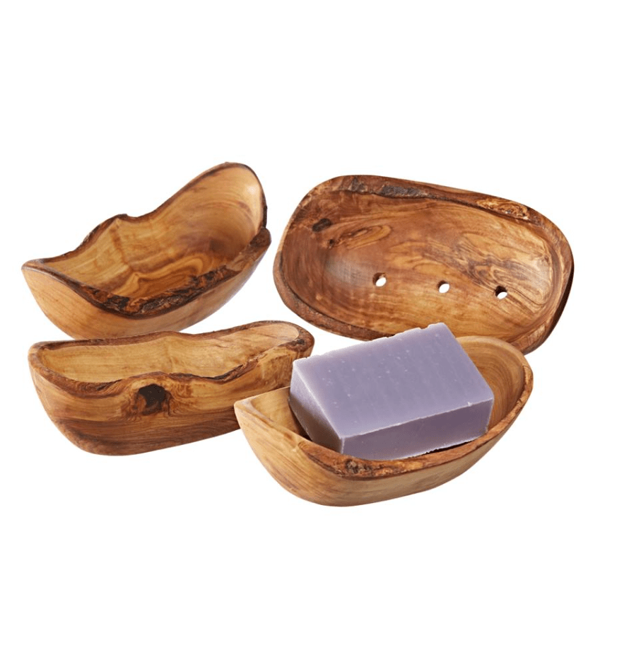 four hand carved Olive Wood Soap Dish es in different shapes and sizes