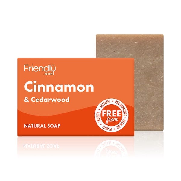 friendly soap cinnamon and cedarwood soap bar with an orange box