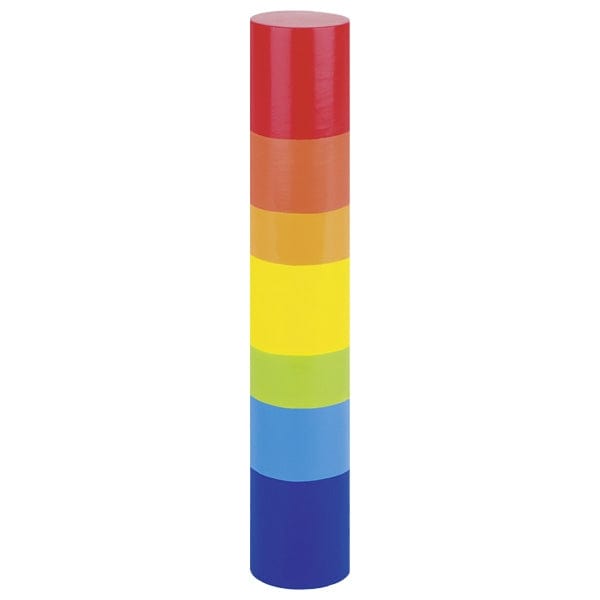 wooden rain stick with rainbow coloured striped decoration