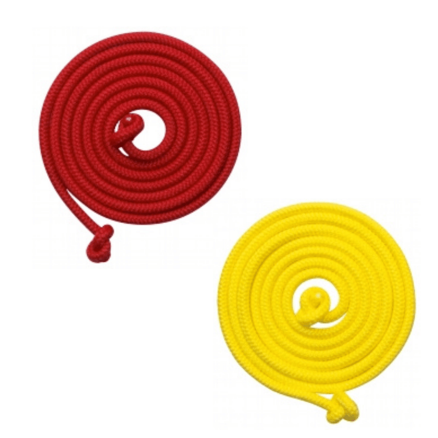 red and yellow long skipping ropes coiled up