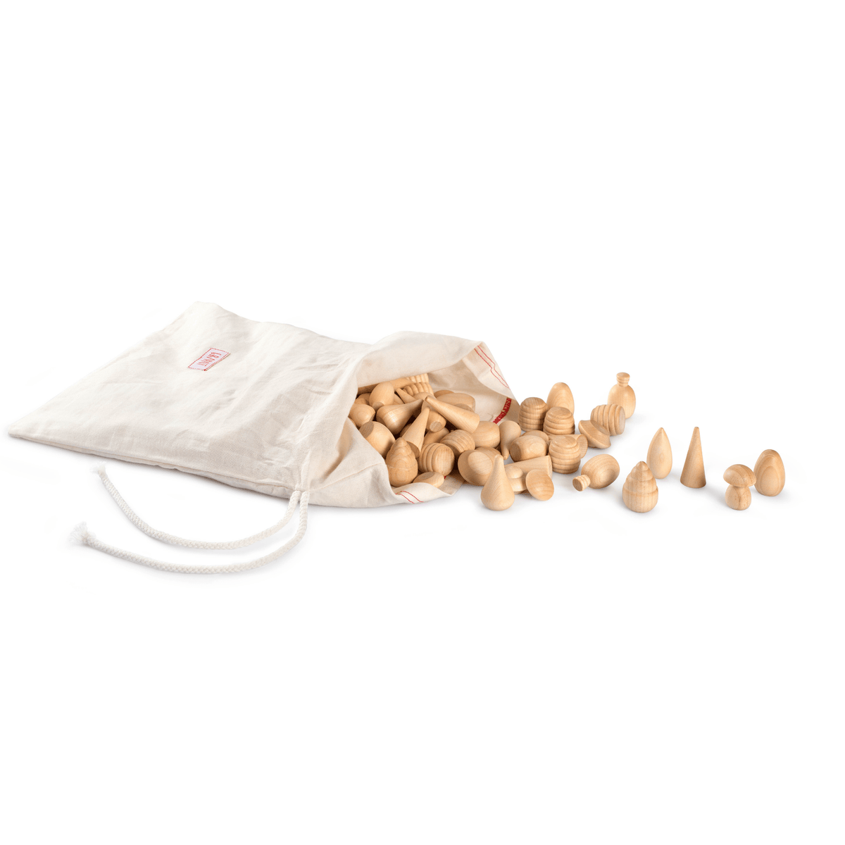 Grapat Mandala Madera Natural loose parts play set with a white cotton bag on a white background