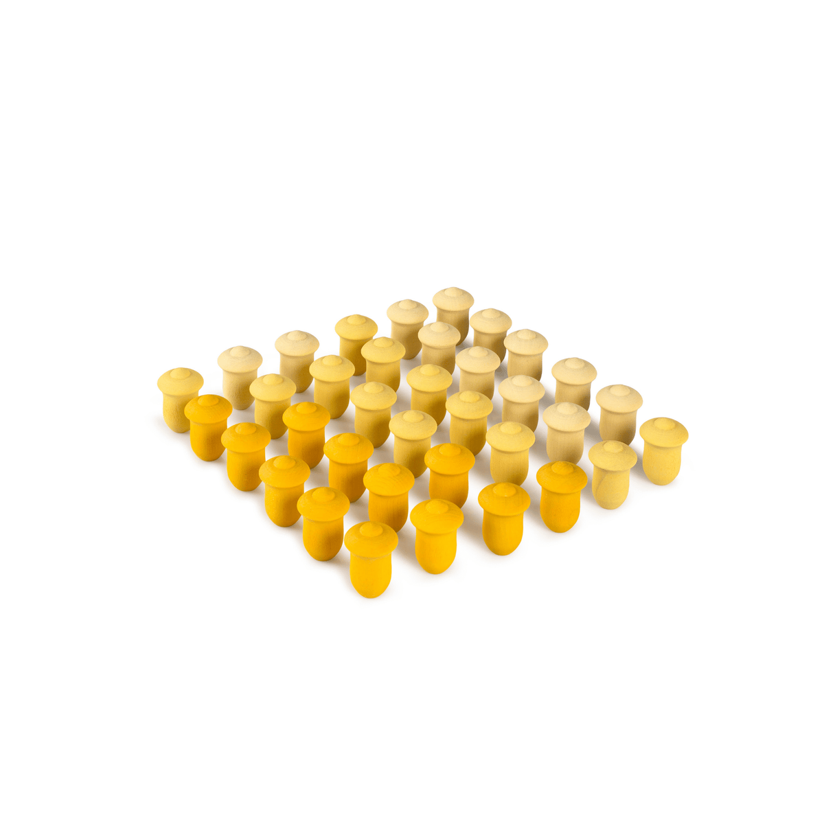 A collection of yellow wooden mandala pieces arranged in a pattern on a white background.