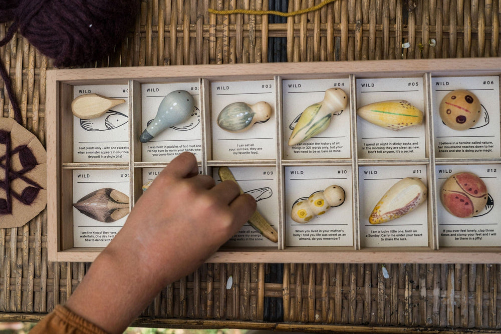 childs hand playing wit Grapat Wild play set with painted insect play figures and a storage box