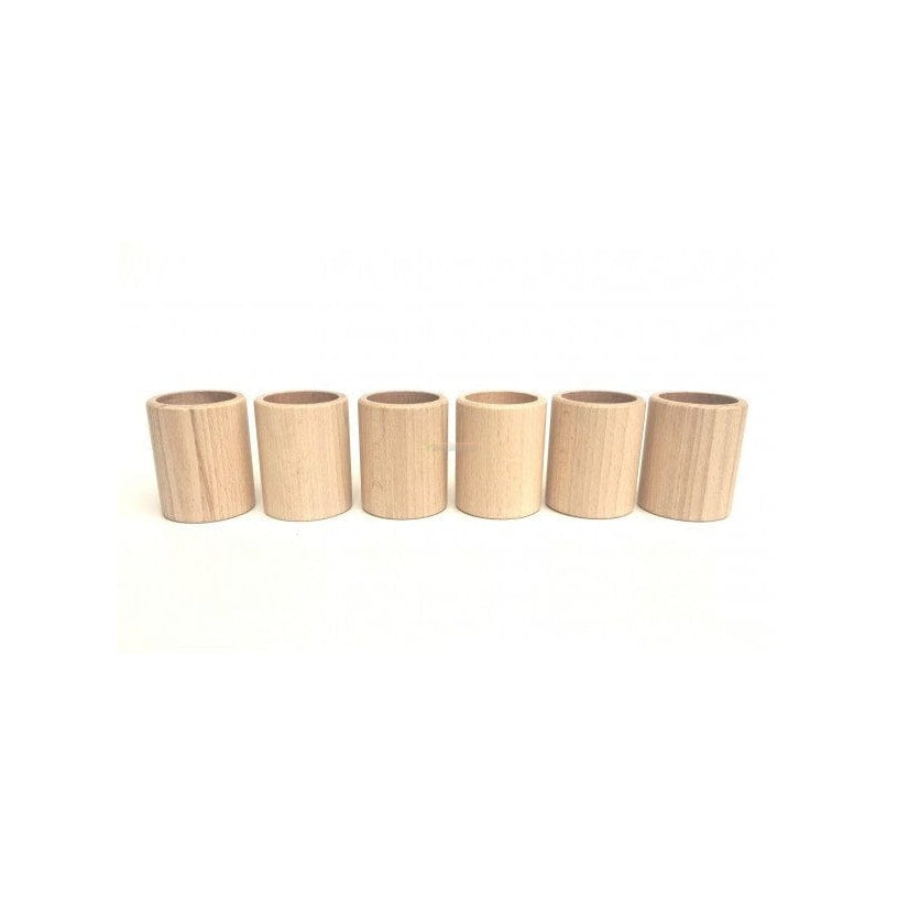 A set of six natural beige wooden cups, displayed in no particular order, against a white background.
