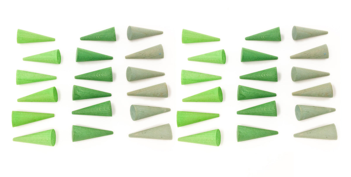 a set of wooden cones in 3 shades of green for loose parts play. age 3+