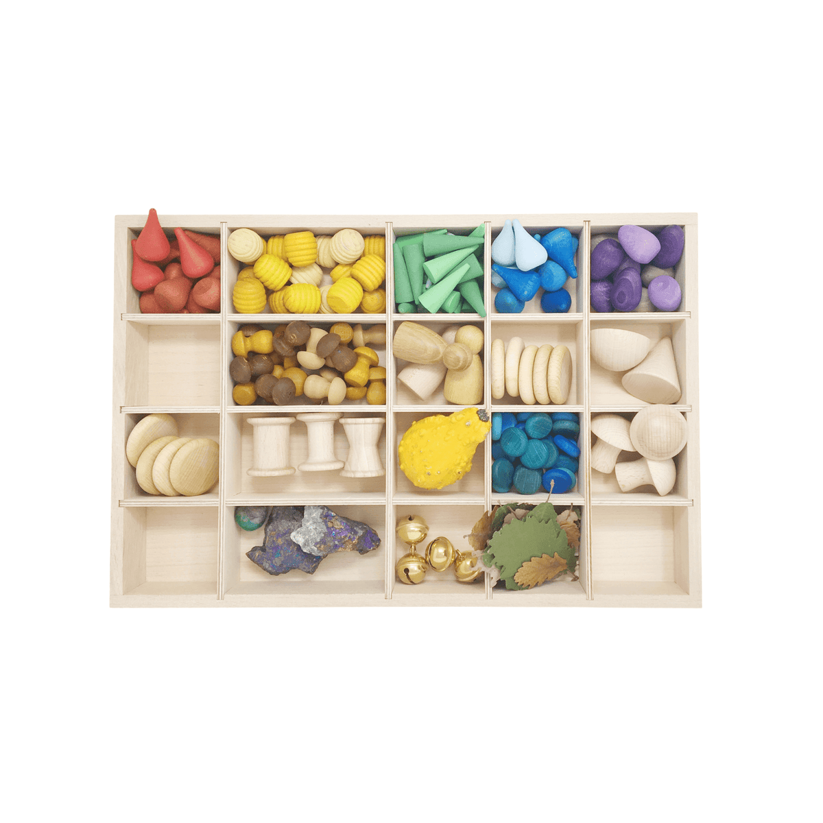 A wooden tinker tray with multiple compartments, each filled with colorful wooden toys and loose parts, displayed neatly for organization.