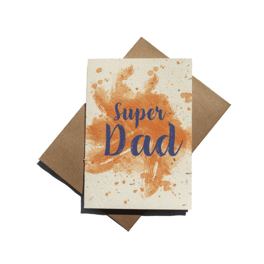 plantable fathers day card with a watercolour 'super dad' design on the front