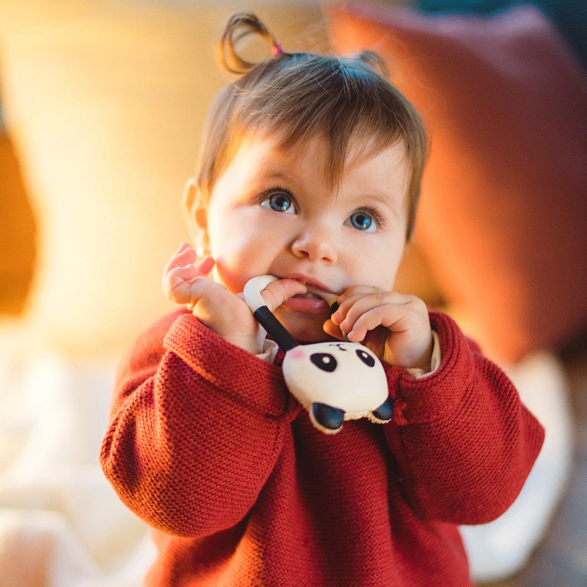 toddler chewing a lanco panda teether