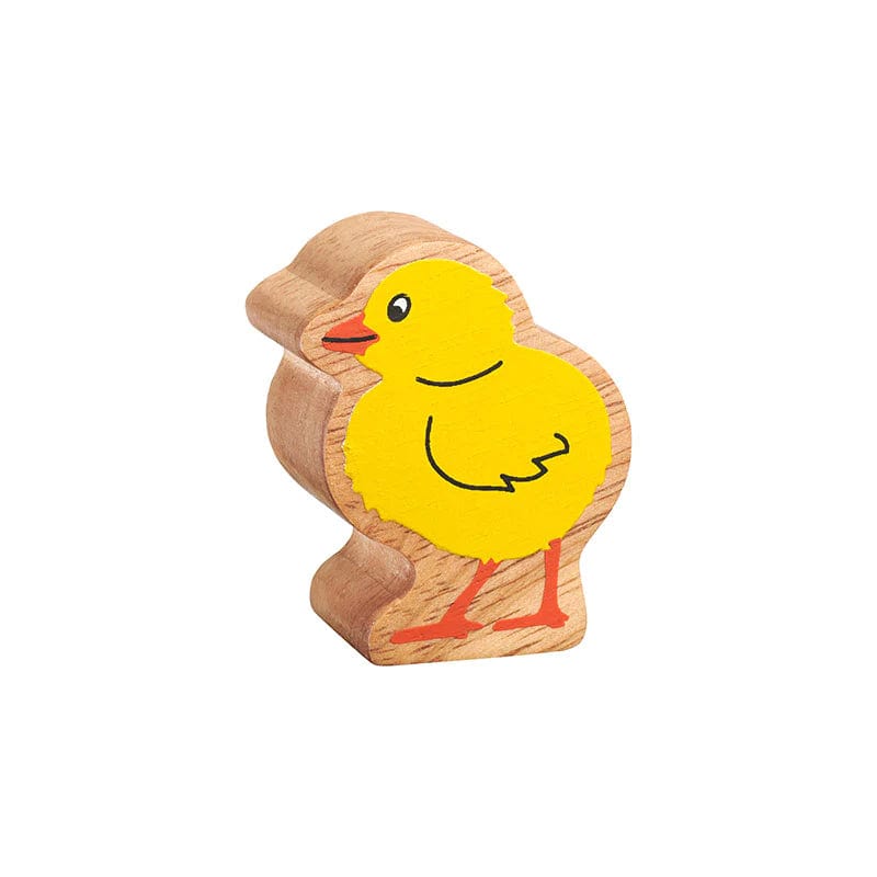 A wooden play figure of a yellow chick with a natural wood grain edge.
