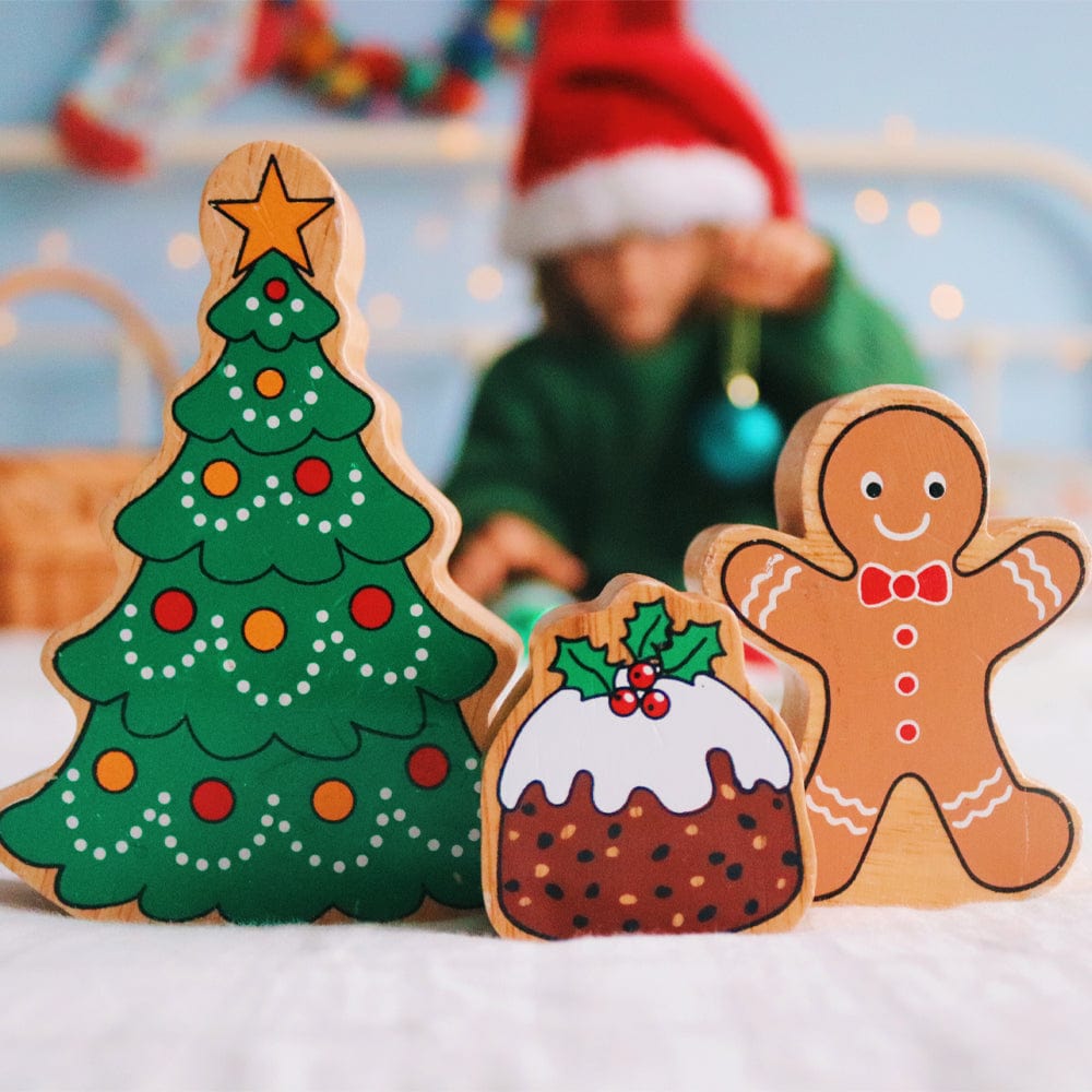 Wooden Christmas tree, Christmas Pudding and gingerbread man play figures for kids age 10 months and over 