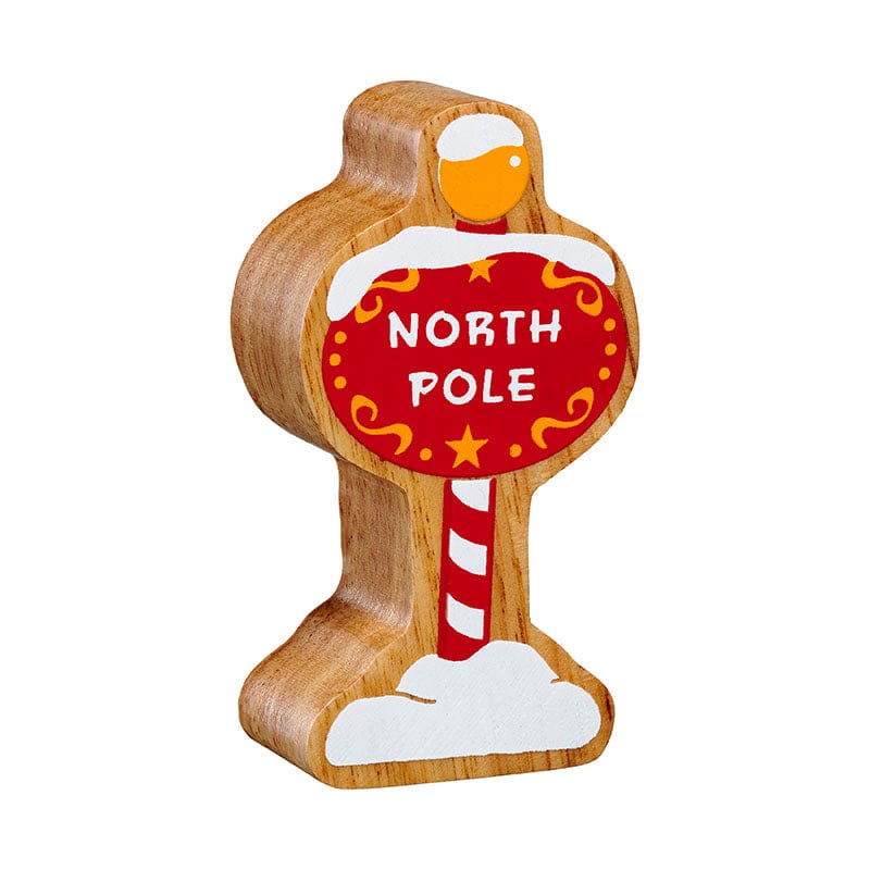 wooden north pole sign play figures with red and white painted details