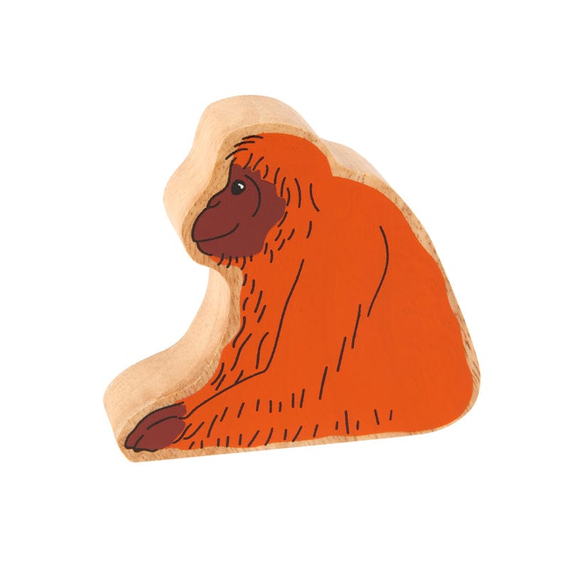 wooden orangutan play figure with painted details and a natural wood grain edge 