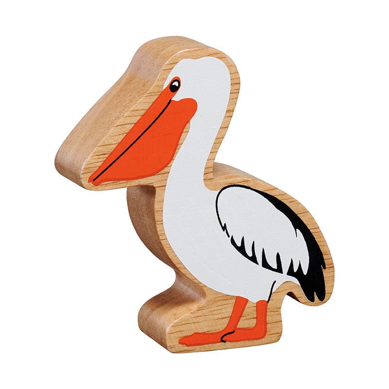 colourful pelican wooden play figure with painted details and natural wood grain edge