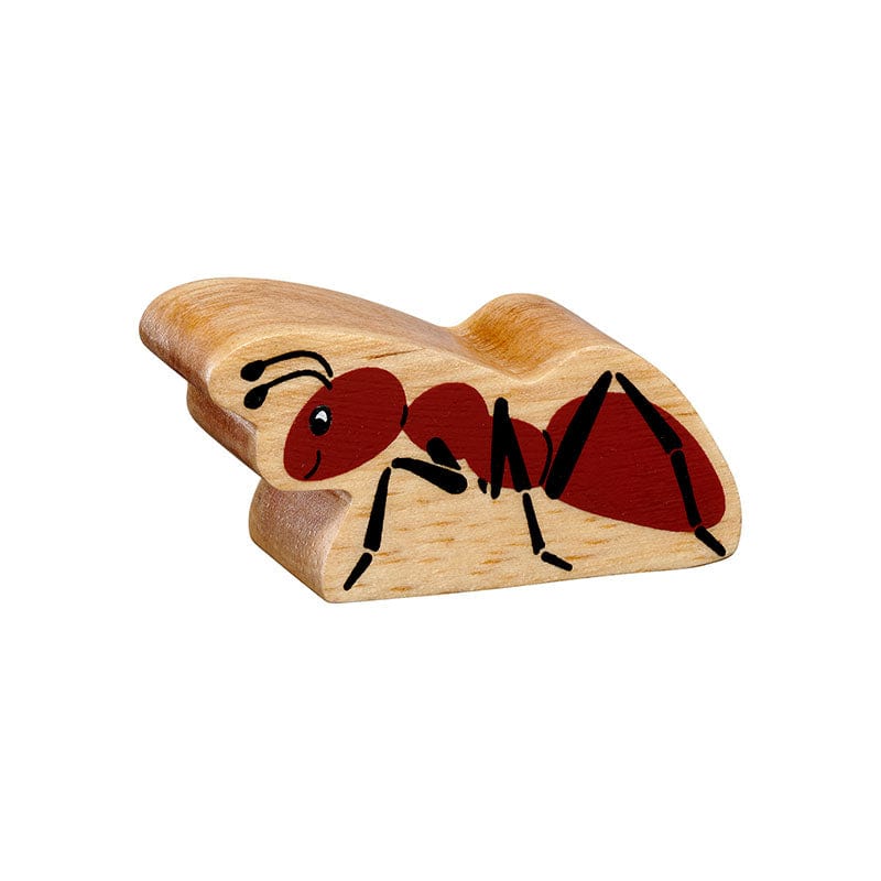 A wooden toy figure of an ant with a natural wood grain edge and red and black coloring.