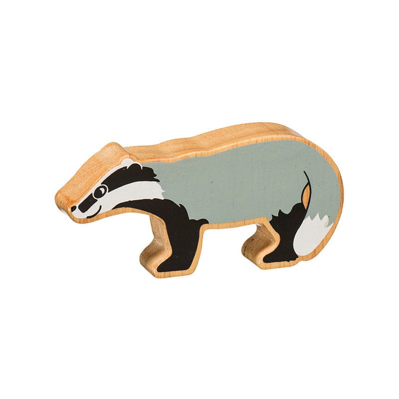 natural wooden painted grey badger figure with a wood grain edge. Suitable for children from 10 months. 
