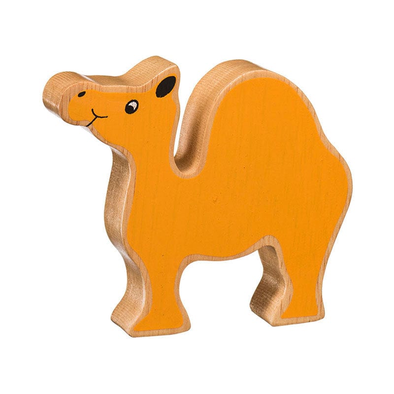 wooden camel figure, painted yellow with a natural wood grain edge. Suitable for children from 10 months old.