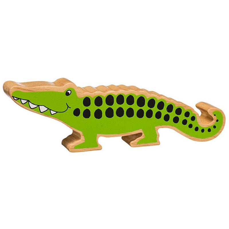 painted wooden crocodile figure with a natural wood grain edge