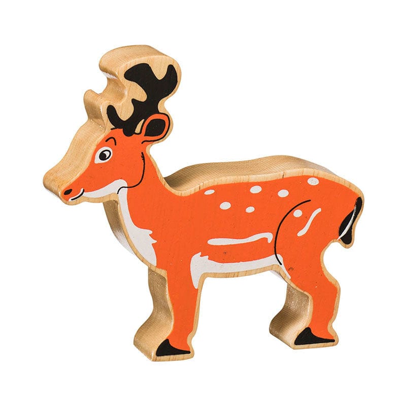 wooden deer figure painted on both sides with a natural wood grain edge. Suitable for children from 10 months old.