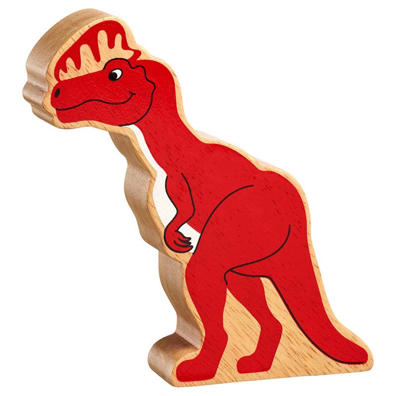 painted red wooden dilophosaurus dinosaur figure with natural wood grain edge. Suitable for children from 10 months