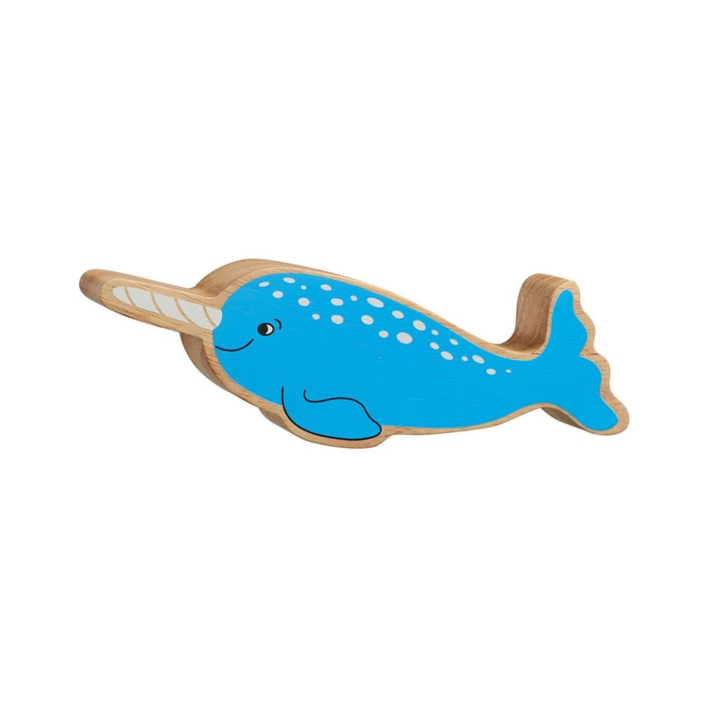lanka kade blue narwhal wooden play figure painted on both sides with a wood grain edge. For children age 10 months and over. 