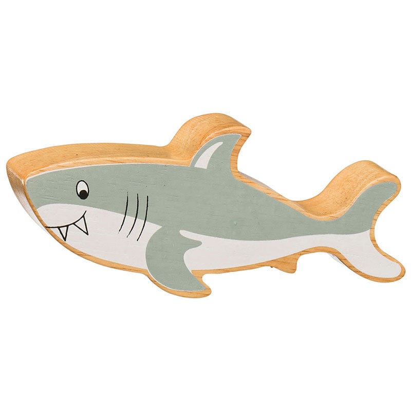 lanka kade wooden shark figure with painted details and a natural wood grain edge. For kids age 10 months and over. 