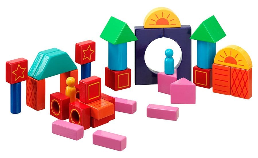 set of Colourful wooden Building Blocks and peg people painted in bright colours