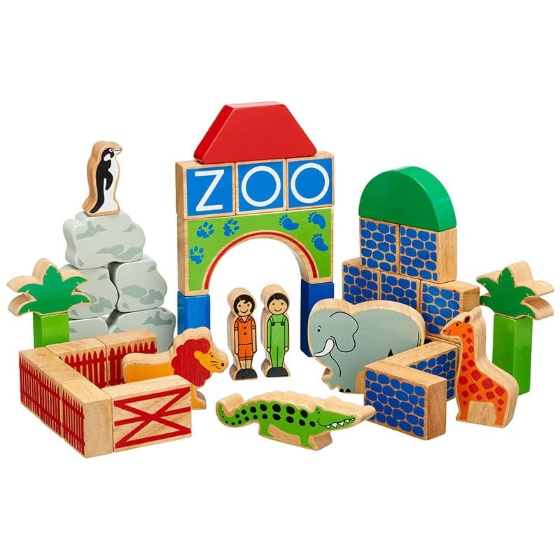lanka kade zoo building blocks  including wooden animals, fences, blocks and people. 
