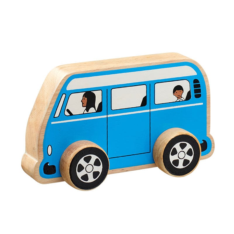 wooden campervan painted blue with people inside and black wheels