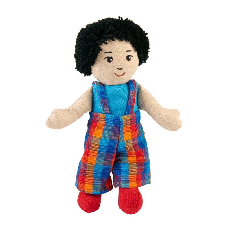 A handcrafted boy doll with Asian skin, black hair, and colorful removable dungarees made from woven cotton fabric.