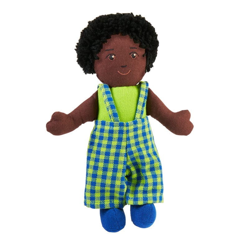 A handcrafted boy doll with black skin and hair, wearing colourful clothes with a green and blue checkered pattern, and blue shoes.
