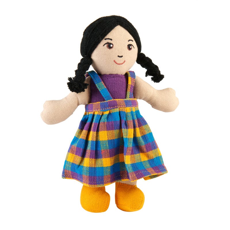 A handcrafted doll with Asian skin and black hair, wearing a colorful checkered dress and orange shoes.