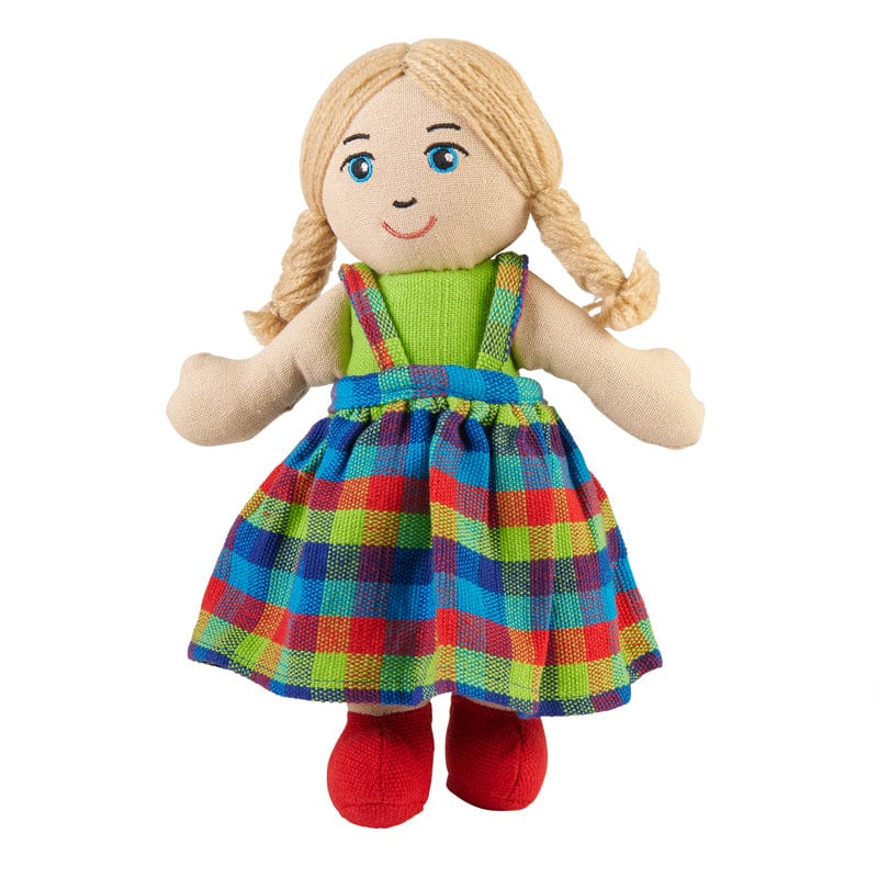 A doll with white skin and blonde hair, wearing a colorful checkered dress and red shoes.