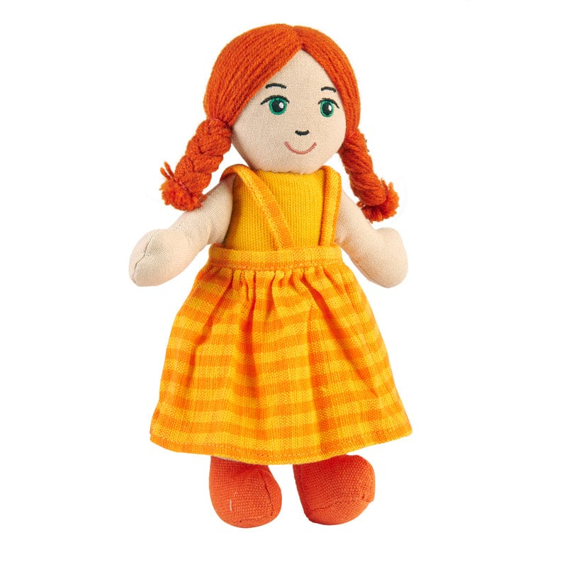A soft doll with white skin and red hair, wearing a yellow dress, posing upright. Suitable from birth. 