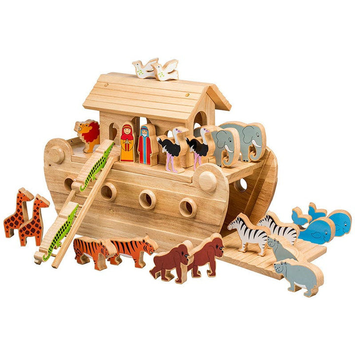 natural wood noah's ark with colourful wooden animals 