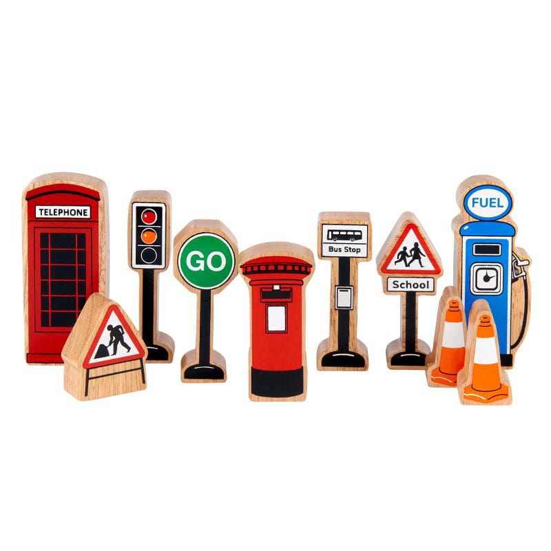 A collection of wooden playset pieces including road signs, petrol pump and a telephone box in vibrant colours. For small world play with vehicles or characters. 
