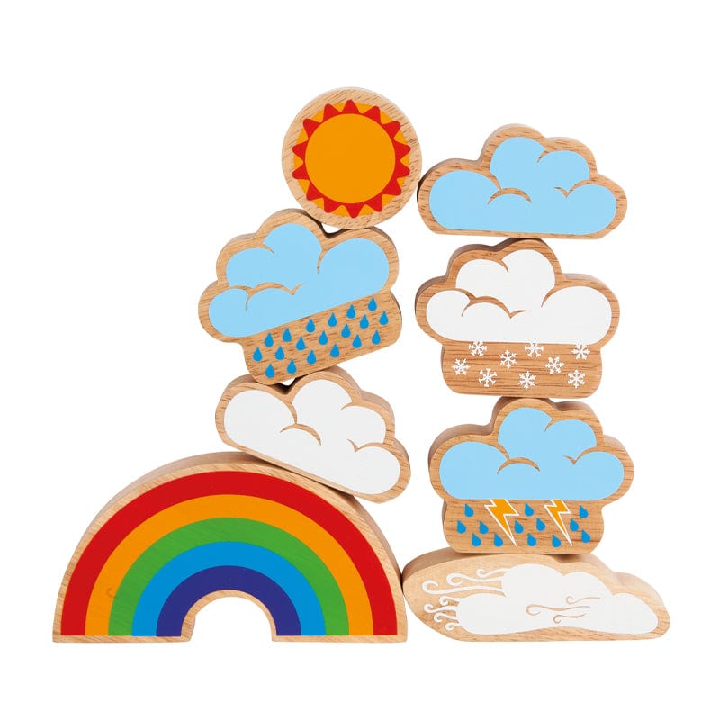 wooden weather themed playset with a rainbow, clouds, sun and storms. Perfect for learning at home and imaginative play. 