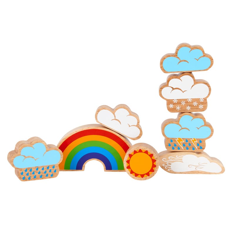 A collection of colorful wooden weather-themed playset pieces including representations of sun, rainbow, clouds, and weather conditions like rain and wind.