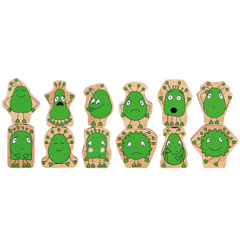 A set of wooden toy figures with green faces and different emotional expressions, including angry, sad, happy, and scared.