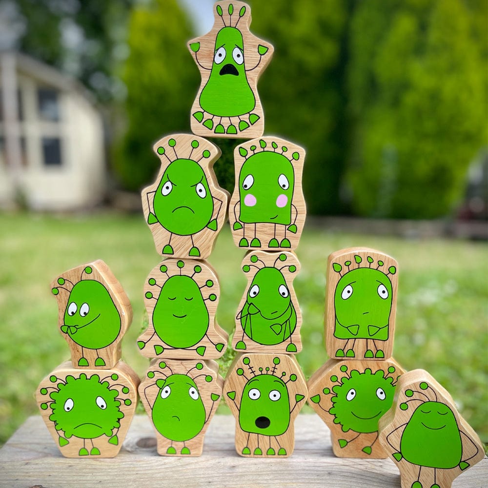 set of 12 wooden characters with different expressions representing feelings and emotions