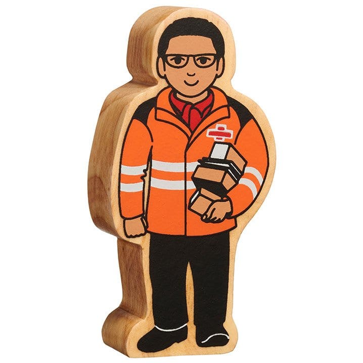 wooden Delivery Person with orange jacket and black trousers. Printed on natural wood with a wood grain edge. Suitable for children from 10 months