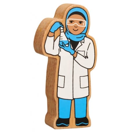 wooden blue and white scientist play figure with painted details and wood grain edge. Suitable for children from 10 months. 