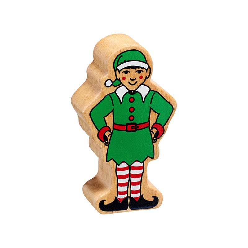 wooden elf figure wearing a green elf costume. The figure is painted on both sides with a natural wood grain edge. Suitable for children from 10 months old.