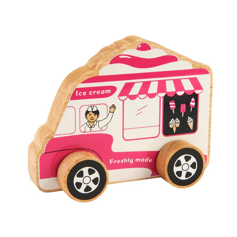 A colourful wooden ice cream van toy with a driver, menu, and serving hatch. Features natural wood edge detailing and black wheels.