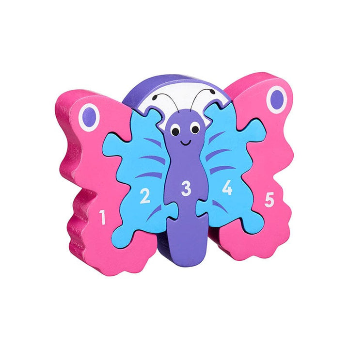 purple and pink lanka kade butterfly puzzle painted with 1 to 5 to help children count. 